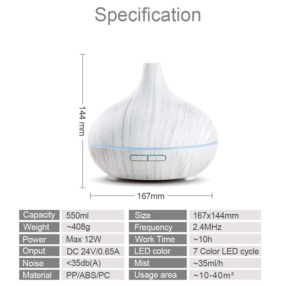 KBAYBO 550ml Ultrasonic Electric Air Humidifier in white wood grain design, emitting cool mist and featuring LED lights.